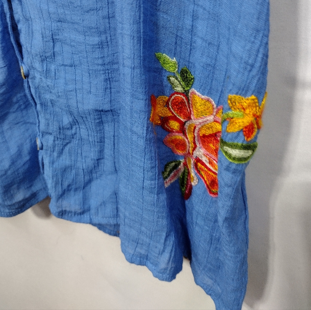 Figueroa & Flower Embroidered Papaya Floral Gauze Blouse Womens M Blue Artsy - Picture 5 of 10